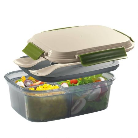 Lunch box plastikowy dwukomorowy z dwoma pojemnikami, sztućcami i wkładem chłodzącym Cilio cool beżowy 1,25 l Cilio Premium