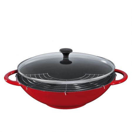 Patelnia / wok żeliwny z pokrywką i rusztem Kuchenprofi La Cuisine czerwony 36 cm Küchenprofi