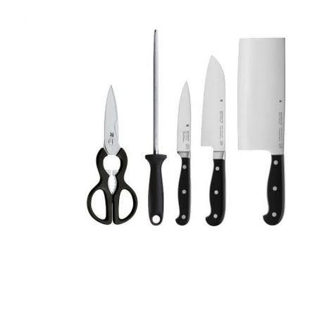 Noże kuchenne ze stali nierdzewnej w bloku z nożyczkami i ostrzałką wmf spitzenklasse plus edition 6 szt.