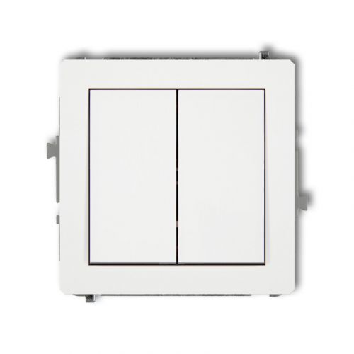 Łącznik jednobiegunowy Karlik Deco 25DWP-10.11 ze schodowym dwa klawisze bez piktogramów, wspólne zasilanie biały mat