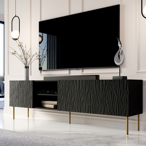 Nowoczesna szafka rtv fiori 190 cm, 4 drzwi, czarny mat z frezowanym frontem  High glossy furniture