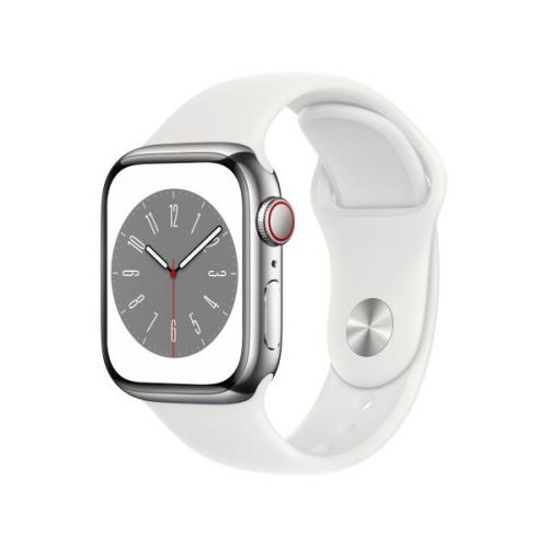 Apple Watch Series 8 GPS + Cellular 41mm koperta ze stali nierdzewnej (srebrny) + pasek sportowy (biały)