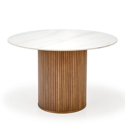 Stół okrągły Bruno120 x 76 cm, blat ceramika biały marmur, podstawa drewno lite kolor orzechowy Halmar